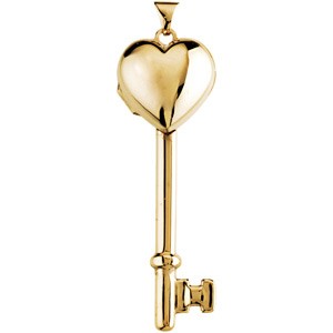 14K GOLD KEY PENDANT LOCKET HEART: 14k Yellow Gold Pendant of a KEY with a HEART Shape locket that opens to hold two pictures. The Key measures approximately 2 inches in length and the Heart Locket is 15mm across (25mm = one inch). Cha