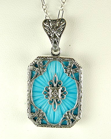 ANTIQUE STERLING NECKLACE TURQUOISE DIAMOND: This Antique Style Pendant Necklace is an Authentic and Accurate copy of a Necklace from the 1930s and THIS one is in MINT condition! It is STERLING SILVER and it features a TURQUOISE Sunray Pendant w