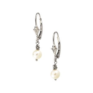 14K WHITE GOLD EARRINGS PEARL DANGLE: These beautiful pair of 14k White Gold lever back Earrings feature a 5.75 mm Cultured PEARL with a slight dangle.