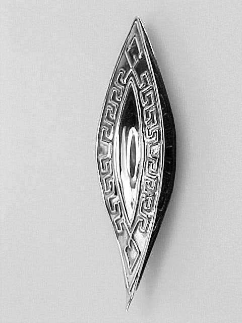 ANTIQUE STYLE STERLING SILVER TATTING SHUTTLE SEW: This SOLID STERLING SILVER Sewing Tatting Shuttle features a Greek Key Motif design on both sides. It measures 2 3/4 inches x 3/4 inch. There is a jump ring at one end so that you can wear it on a cha