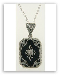 ANTIQUE STERLING NECKLACE BLACK ONYX DIAMOND FILIGREE: This Antique Style Pendant Necklace is an Authentic and Accurate copy of a Necklace from the 1930s and THIS one is in MINT condition! It is STERLING SILVER and it features a BLACK ONYX Sunray Pendant 