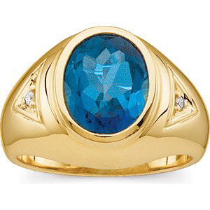 GENTS 14K GOLD RING BLUE TOPAZ 5 CT DIAMOND: Handsome 14k Yellow Gold Gents ring featuring a magnificent LONDON BLUE TOPAZ = 5 CARATS! There is a small Diamond set each side as accent to the Blue Topaz. The ring is a Size 10 and it can be resize