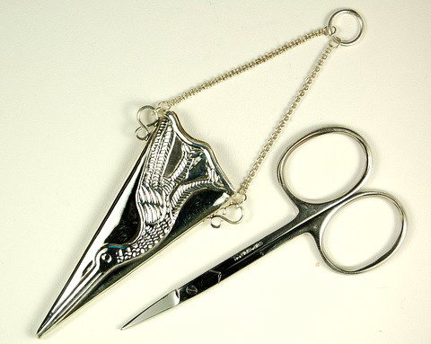 ANTIQUE STERLING SILVER SCISSOR HOLDER: STERLING Silver Stork Scissor Holder for Chatelaine. This Stork scissors holder is new and a quality STERLING Silver Antique and collectible reproduction.