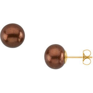 14K GOLD EARRINGS BROWN PEARL STUDS 9.0MM: 14k Yellow Gold Earrings each set with a 9.0 - 9.5mm CHOCOLATE PEARL.