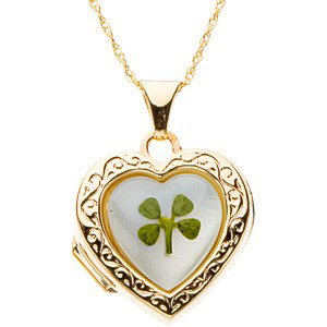 14K GOLD LOCKET PENDANT HEART 4 LEAF CLOVER: This 14k Yellow Gold Locket Pendant is Heart Shaped and features a Green Four Leaf Clover. This beautiful Locket measures 17mm x 15mm and it comes with a 14k Gold Chain. It can hold 2 photographs. You