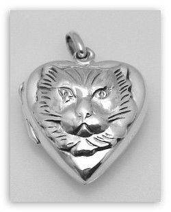 STERLING SILVER LOCKET HEART PENDANT CAT: This SOLID STERLING SILVER Locket is ideal for anyone who loves CATS! It is a Heart shaped Locket and it features a 3 dimensional face of a Cat. This High Quality Sterling Silver Locket measures 3/4 i