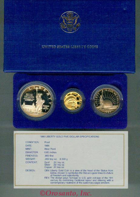 1986 US LIBERTY 3 COIN SET GOLD AND SILVER PROOF: 1986 Three Piece Proof Statue of Liberty Set. Includes $5.00 Gold. GEM CONDITION -UNCIRCULATED! This boxed Commemorative set includes the clad Statue of Liberty Half Dollar, The .900 Fine Silver Dolla