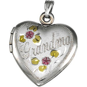 STERLING SILVER LOCKET GRANDMA HEART PENDANT: This Beautiful TriColor HEARTshape Locket Pendant is Sterling Silver. This Heart Locket features two beautiful pink and yellow Flowers and the word GRANDMA in the center. Locket opens to hold 2 photos