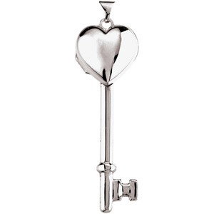 STERLING SILVER KEY PENDANT LOCKET w HEART: STERLING SILVER Pendant of a KEY with a HEART Shape locket that opens to hold two pictures. The Key measures approximately 2 inches in length and the Heart Locket is 15mm across (25mm = one inch). Cha