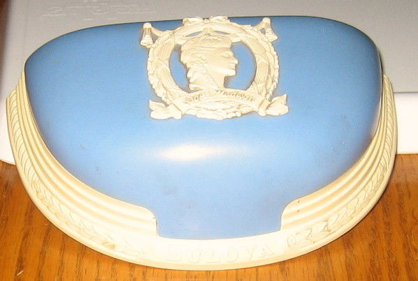 14K GOLD WATCH DOLLY MADISON BULOVA ORIGINAL BOX 1935: This Gold wristwatch in its' Original Box is part of the unsold inventory of a Jewelry store in Pennsylvania that closed in the early 1940's. The outside of this blue and white box has an intaglio lik