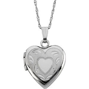 14K WHITE GOLD LOCKET PENDANT HEART 18 IN CHAIN: This 14k WHITE GOLD LOCKET is HEART shaped and it measures 17.50 x 15.00mm (there are 25mm in one inch). It opens to hold 2 pictures and the Locket is suspended from a 14k White Gold Rope Chain 18 inc