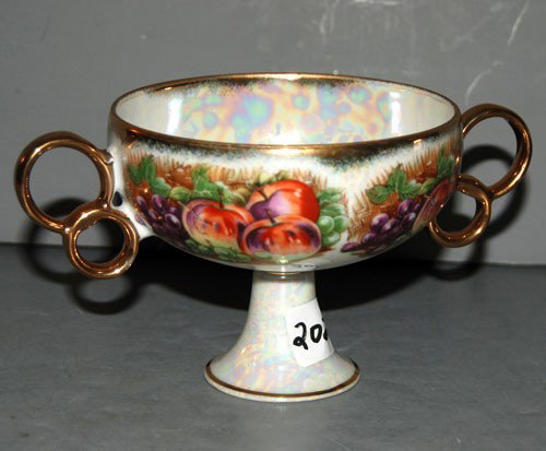 ANTIQUE PORCELAIN CUP ROYAL SEALY CHINA JAPAN: This ANTIQUE 2 handled Porcelain cup features a luster glaze with fruit design. It is by the ROYAL SEALY CHINA JAPAN and it measures 4 inches in height and it is 6 3/4 inches across inclusive of handl