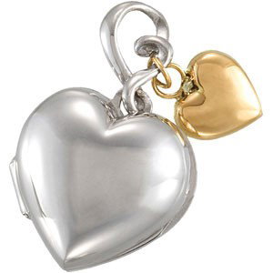 STERLING SILVER LOCKET HEART PENDANT 14K GOLD DANGLE: This STERLING SILVER LOCKET Pendant measures 16.30 x 15.00mm and it opens to hold 2 pictures. There is a 14k GOLD dangle that hangs from the lockets' bale.