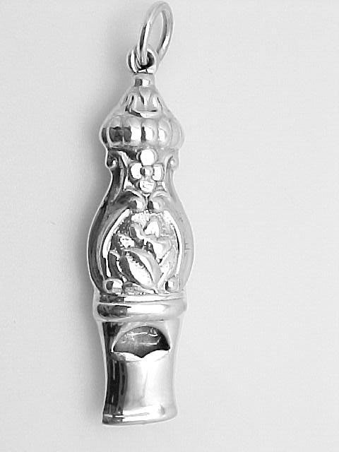 STERLING SILVER WHISTLE (works) PENDANT ANTIQUE STYLE: This ANTIQUE STYLE WHISTLE Pendant is an Authentic and Accurate copy of one from the VICTORIAN era. The Whistle measures 2 inches by 5/8 inch and there is a ring attached so it can be worn as a pendan
