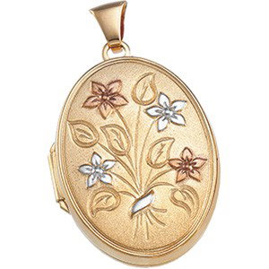 14K GOLD LOCKET PENDANT FLOWER: This beautiful 14k Yellow GOLD LOCKET is Oval and it measures a little over one Inch x almost one inch. The Locket features a 'Floral Spray' with White and Rose Gold accents. It opens for pictures and