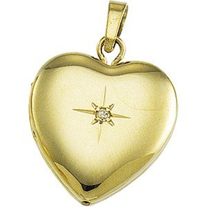 14K GOLD LOCKET HEART DIAMOND PENDANT: This very pretty 14k Yellow GOLD LOCKET is Heartshaped and set with a center Diamond. It opens for photographs and makes a lovely GIFT for a woman of ANY age.