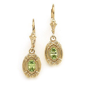 14K GOLD EARRINGS GENUINE PERIDOT: Antique Style 14k Yellow Gold dangling earrings, each featuring an Oval GENUINE PERIDOT. The Peridot Total Weight = ONE CARAT!