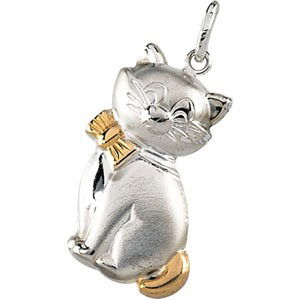 STERLING GOLD CHARM PENDANT CAT KITTY: This adorable STERLING SILVER Charm of a CAT measures almost 1 inch x 3/4 inch. The kitty has a Gold bow tie and a gold tail! It can also be worn as a pendant.