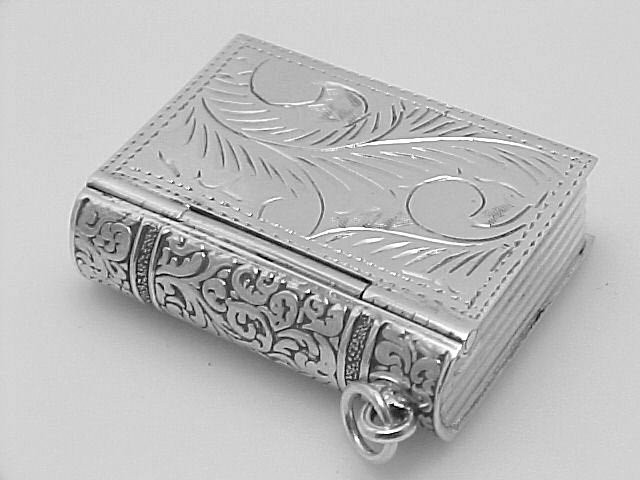 ANTIQUE STYLE STERLING SILVER PILLBOX BOOK PENDANT: This STERLING SILVER Pill Box or Prayer Box has an exquisite Etched Design. It measures approx. 1 3/8 x 1 inch x 3/8 inches. The hinged lid opens like you are opening a good book. This is a terrific p