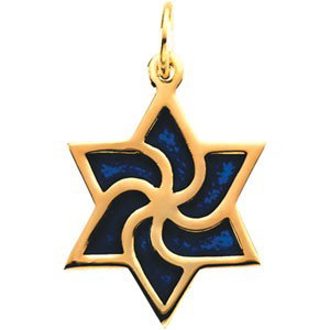 14K GOLD PENDANT JEWISH STAR DAVID BLUE ENAMEL: 14k Yellow Gold Pendant of the STAR OF DAVID and featuring Exquisite Cobalt Blue Enameling. The Star measures 1/2 inch across.