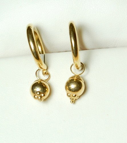 14K GOLD EARRING DANGLE CHANGE LOOK OF EARRINGS: This pair of EARRING DANGLES completely change the look of your Hoop Earrings. This pair of EARRING DANGLES are 14K GOLD and they look like shiny Gold balls with 3 little balls at the base. The Gold d