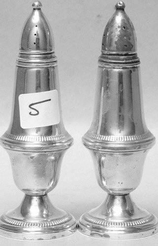 ANTIQUE PAIR STERLING SILVER SALT PEPPER SHAKERS: Vintage Pair of STERING SILVER Salt Pepper Shakers 5 inches tall, weighted bottom.