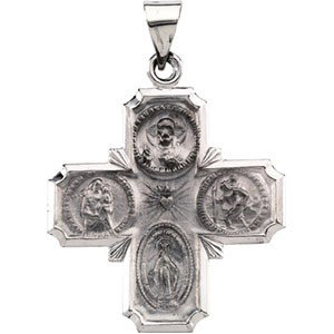 14K WHITE GOLD CROSS MEDAL CATHOLIC: 14k White Gold Religious Medal Pendant This Cross shaped Medal measures 3/4" x 3/4".