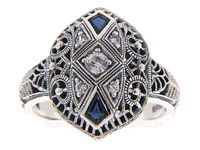 ANTIQUE STERLING SILVER RING SAPPHIRE FILIGREE: This Antique Style ring is an Authentic and Accurate copy of a ring from the 1920's. It is STERLING SILVER and it features CZ Diamonds and GENUINE BLUE SAPPHIRES. This ring is available in a size 6, 7