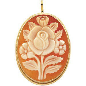 14K GOLD PENDANT CAMEO FLOWER CARNELIAN: 14k Yellow Gold PENDANT OR PIN featuring an Oval GENUINE CARNELIAN SHELL CAMEO of a FLOWER. This unusual Pin and Pendant is 1 1/4 inches in length and it is in pristine condition.