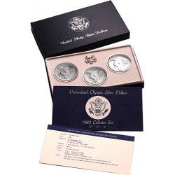 1983 UNCIRCULATED OLYMPIC SILVER DOLLAR 3 COIN COLLECTO: I bought this set in 1984 directly from the U.S. MINT. These silver dollars were issued to commemorate the 1984 Los Angeles Summer Olympic Games. There is one UNCIRCULATION CONDITION Olympic Silver Do