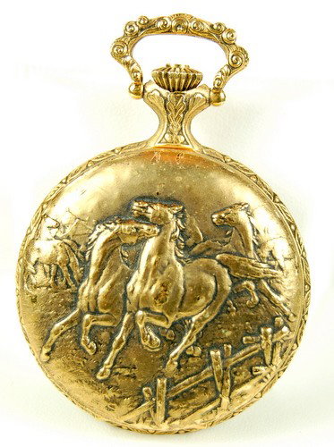 ANTIQUE STYLE POCKETWATCH HORSE DESIGN HUNTCASE: This is an ANTIQUE STYLE Goldtone Huntcase POCKETWATCH. There are galloping HORSES on the front and magnificent engraving on the back. The Pocketwatch opens and says "ANDRE RIVALLE" 17 JEWELS. It meas