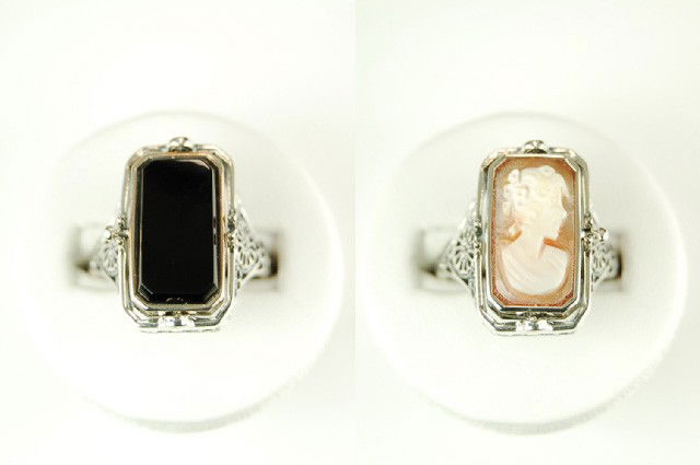 ANTIQUE STERLING SILVER FLIP RING BLACK ONYX CAMEO: This Vintage Style FLIP ring is an Authentic & Accurate copy of a ring from the 1920's - and this one is in Mint condition! This STERLING Silver 'FLIP' ring is like having 2 rings for the price of one