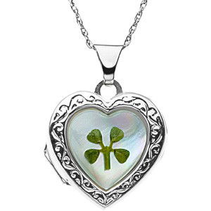 STERLING LOCKET HEART PENDANT 4 LEAF CLOVER: This STERLING SILVER Pendant is Heart Shaped and features a Green Four Leaf Clover. This beautiful Locket measures 17mm x 15mm and it comes with a STERLING SILVER Chain. It can hold 2 photographs. You