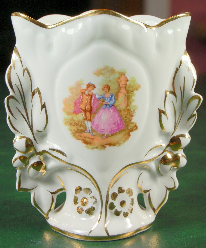ANTIQUE LIMOGES FRENCH PORCELAIN VASE FRAGONARD: This is an ANTIQUE LIMOGES FRENCH PORCELAIN Vase. It is 6 1/2 inches in height and it is 5 inches across at the top, and it is Handpainted and trimmed in 24K GOLD! The bottom of the Vase is Hallmarked