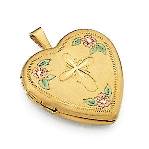 14K GOLD HEART LOCKET CROSS PENDANT: This 14k Yellow Gold HEART shape LOCKET features a beautifully engraved Gold CROSS with Pink and Green Gold flowers. The Locket measures 3/4 inch across and it opens to hold two photos.