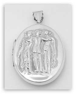 ART NOUVEAU STERLING SILVER LOCKET PENDANT 3 GRACES: This ANTIQUE Style Locket is an Authentic and Accurate copy of a Locket from the 1920's and this one is in Mint condition! It is an Oval SOLID STERLING SILVER Locket Pendant that opens to hold 2 photo