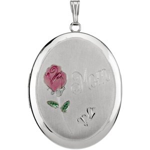 STERLING SILVER LOCKET MOM PLAYS MY GIRL!: This STERLING SILVER LOCKET Pendant is Oval and it measures 38mm x 28mm in size (there are 25mm in one inch) 'MOM' is engraved on the front of the Locket and there is a Red Rose with 2 Butterflies. Th