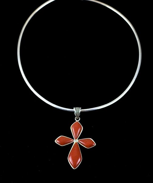 STERLING SILVER NECKLACE OMEGA AND LARGE CARNELIAN: This STERLING SILVER Omega Necklace is 2.5mm wide. It features a Sterling Silver Cross measuring 2 inches x 1 1/2 inch and set with CARNELIAN. You can wear the Omega Necklace also alone - or - with ot