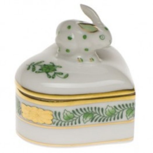 HEREND HEART SHAPE TRINKET BOX 2 INCH ACROSS BUNNY: This HEREND Heart Shape Trinket Box measures 2 inch across and features an adorable Bunny Rabbit on the lid. The background is White and the accent colors are Green and Gold.