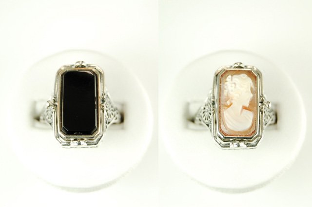 ANTIQUE STERLING SILVER FLIP RING BLACK ONYX CAMEO: This Vintage Style FLIP ring is an Authentic & Accurate copy of a ring from the 1920's - and this one is in Mint condition! This STERLING Silver 'FLIP' ring is like having 2 rings for the price of one