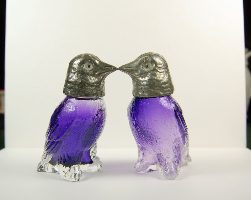 ANTIQUE SALT PEPPER SHAKERS BIRDS PURPLE GLASS SILVER: I adore this ANTIQUE set of Salt and Pepper Shakers! They are quite old, Circa 1890 - 1900, and they were made to look like birds. The shaker 'birds' have Silver heads and Purple Glass bodies. They st