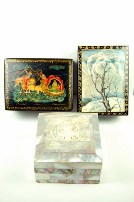 2 RUSSIAN LACQUER TRINKET BOX and MOTHER PEARL BOX: This Lot features TWO RUSSIAN LACQUERED TRINKET BOXES as well as an Israeli Trinket Box covered in Mother of Pearl. Two of the boxes are 3 1/2 inches across and the third one is 3 inches across.