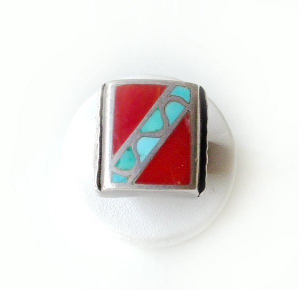 GENTS NATIVE AMERICAN RING STERLING SILVER TURQUOISE: This STERLING SILVER Vintage NATIVE AMERICAN Gents ring features Polished TURQUOISE and Polished Carnelian. The top of the ring measures approximately 3/4 inch x 3/4 inch. This Men's Ring is a Size 12