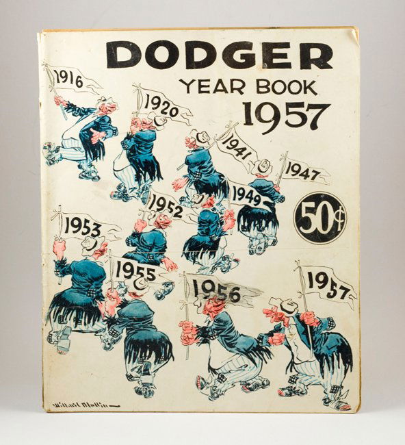 1957 BROOKLYN DODGERS YEARBOOK PROGRAM LAST BROOKLYN: I grew up in Brooklyn, down the block from Ebbets Field. I bought this 1957 Year Book at one of the games in 1957 and have had it ever since. The pages are yellow but all there - and the spine is a li