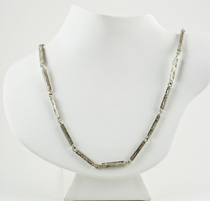 ANTIQUE NECKLACE 23 INCH ENGRAVED BAR LINKS STERLING: I believe that this Necklace was once a man's ANTIQUE WATCH CHAIN. It is now - an ANTIQUE STERLING SILVER NECKLACE, marked 925, featuring engraved bar shaped links. This Antique Necklace has very good