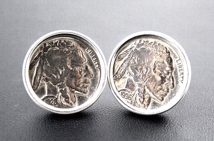 CUFFLINKS GENUINE BUFFALO NICKEL STERLING SILVER: This pair of STERLING SILVER Cufflinks features two GENUINE BUFFALO COIN NICKELS. The Buffalo Nickel was Minted from 1913 until 1938. In the year 1911 Treasury Secretary Franklin MacVeagh hired Earle 