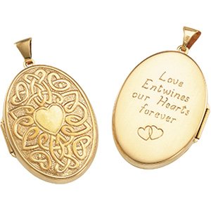 14K SOLID GOLD LOCKET PENDANT CELTIC IRISH LOVE: This very beautiful 14K GOLD LOCKET is OVAL in design and it features the outline of a Heart surrounded by a CELTIC design in the gold. This Locket measures 1 1/2" x 1" and it opens for photographs.