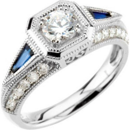 14K WHITE GOLD DIAMOND ENGAGEMENT RING w 2 SAPPHIRE: This ANTIQUE Style Engagement Ring is an AUTHENTIC and ACCURATE copy of an Engagement Ring from the 1920's and THIS one is in MINT condition! The Engagement Ring is 14k White Gold and it features a Ro