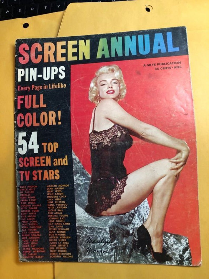 Screen Annual Pin-Ups 1955 Magazine Marilyn Monroe: Screen Annual Pin-Ups 1955 Magazine Marilyn Monroe Cover in Acceptable to Good Condition. No Reserve Bid & No Buyers Premium. In House Shipping Priority Mail Standard Flat Rate.