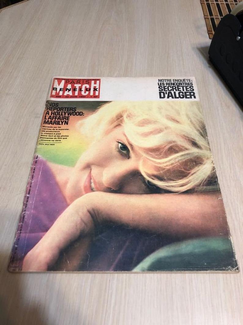 Paris Match June 23, 1962 Edit Magazine Marilyn Monroe: Paris Match June 23, 1962 Edition Magazine Marilyn Monroe Cover In Acceptable Condition with Minor Issues. No Reserve Bid & No Buyers Premium. In House Shipping Priority Mail Standard Flat Rate.